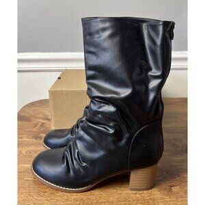 Coutgo Women's Mid Calf Slouchy Boots Black Leather Block Heel Round Toe Size 10